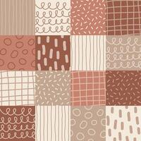 Beige seamless patchwork pattern with terracotta grids, loops, stripes and dots for background, textile, wallpaper and packaging vector
