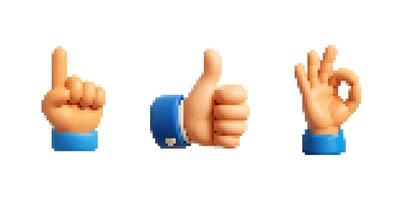 Pixel art hand icons showing pointing up, thumbs up and ok gestures with blue cuffs on white background for web and game ui vector