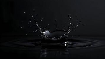 A dramatic high-speed shot of black liquid splashing in mid-air, with suspended droplets forming a dynamic crown-like pattern against a dark background photo
