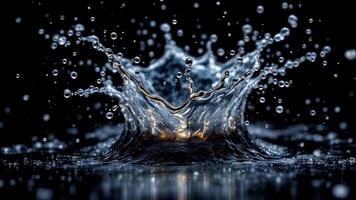 A stunning high-speed capture of a water splash with suspended droplets in mid-air against a dark background, emphasizing movement and clarity photo