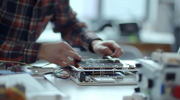 This Hands create AI-focused curriculum materials in a creative learning space. photo