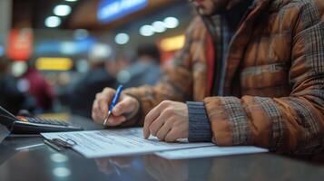 A person fills out application forms at a government office, working carefully to ensure all information is accurate amid a crowded environment and busy desk area. photo