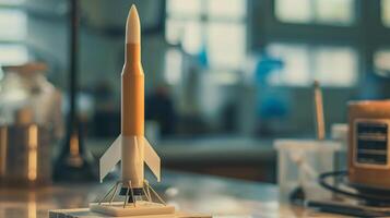 This model rocket on a classroom table showcases tools for hands-on science projects. photo