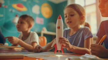 This Students explore hands-on learning by building and discussing rocket models in class. photo
