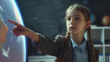 This girl points at an globe, exploring geography concepts in a modern classroom. photo