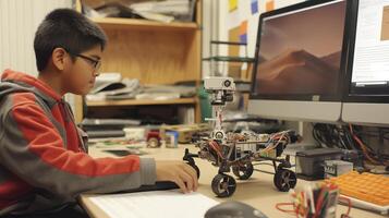 This young learner interacts with a robotic model while working on programming tasks. photo