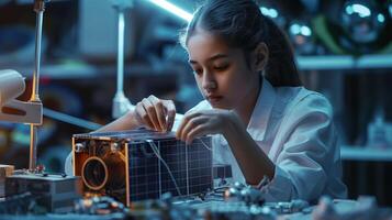 This focused student works on a technology project, assembling components for a learning device. photo