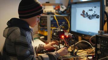 This Child builds robotics project, connecting parts with AI-based learning resources. photo