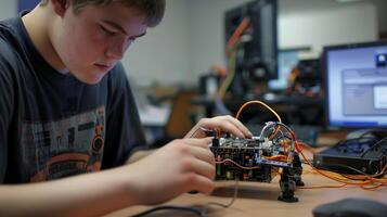 This Student focuses on assembling a robotics kit in a classroom setting, exploring technology. photo