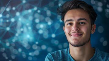 This young man smiles while exploring various learning resources and programs. photo
