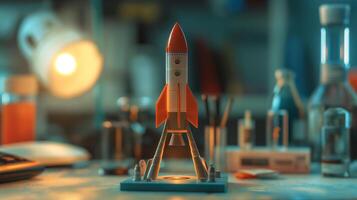 This rocket model on a workspace surrounded by learning materials and tools for educational projects. photo