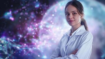 This confident scientist in a lab coat is surrounded by vibrant AI-driven educational graphics. photo