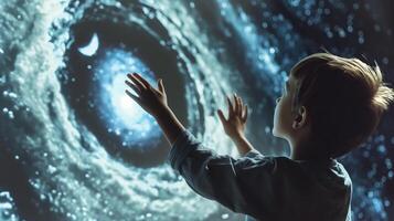 This child interacts with a digital universe in an engaging learning experience. photo