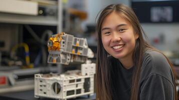 This student smiles while using interactive AI learning materials in a modern classroom. photo