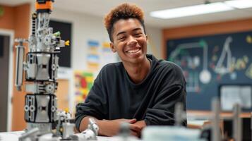 This Young student smiles while working with robotics materials in a dynamic learning environment. photo
