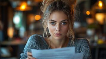 A young woman sits at a cafe table focusing intently on application forms. Soft lighting creates a warm ambiance as she prepares for an important verification process involving government regulations. photo