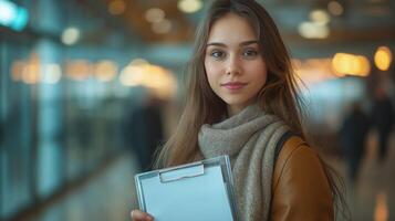 A young woman stands in a government office, holding application forms while waiting for the approval process. She appears focused and prepared to assist others with their queries. photo