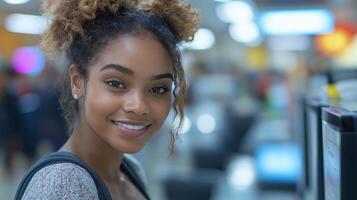 A young woman displays a warm smile while waiting at a government office for her application verification and approval process, surrounded by a busy atmosphere. photo