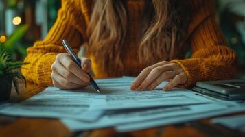 A person is filling out various government application forms on a wooden table, surrounded by greenery, as they focus on completing the verification process. photo
