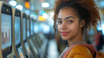 A young woman engages with digital kiosks designed for completing government applications and forms, showcasing a blend of technology and civic responsibility in a busy location. photo