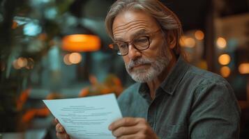 In a cozy cafe, a senior man attentively reads through government application forms for policy approval while taking in the warm atmosphere of the afternoon. photo