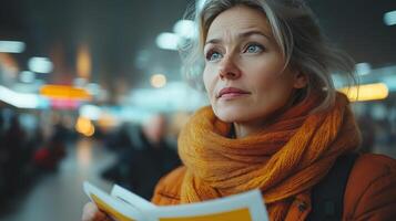 In a bustling urban transport hub, a woman intently studies government application forms while awaiting approval. She appears focused, surrounded by commuters. photo