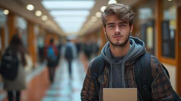 A male university student holds an application folder while standing in a hallway filled with fellow students. The atmosphere conveys a sense of academic activity and seriousness. photo