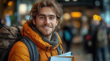 A student wearing a bright orange jacket stands proudly in a crowded city environment, carrying several books and displaying a warm smile on a cold day. photo