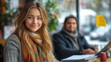 Individuals are engaged in the government application process at a cafe, organizing forms and discussing regulations with a focus on approval and verification of documents. photo