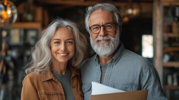 Two smiling individuals, a man and a woman, hold documents in a government office, celebrating their success in a regulatory process that involved multiple application forms. photo
