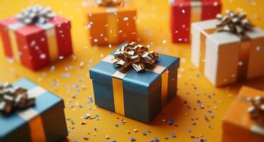 Multiple beautifully wrapped gift boxes in various colors are surrounded by festive confetti on a bright background, creating a cheerful atmosphere for the fall holiday season celebrations. photo