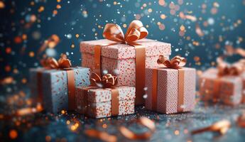 Brightly colored gift boxes adorned with bows are stacked together, capturing the essence of a joyful holiday atmosphere. Soft bokeh lights and shimmering decorations enhance the festive mood. photo