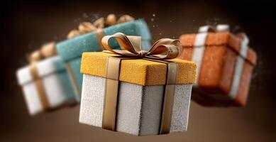 Colorful gift boxes featuring elegant bows float against a warm backdrop, symbolizing the joy of fall holidays. Their textured surfaces and rich colors evoke feelings of celebration and giving. photo