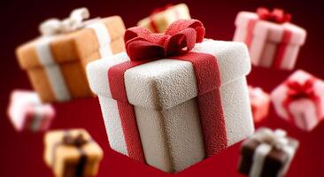 A collection of vibrant gift boxes with decorative bows is seen against a rich red backdrop. These festive items capture the essence of fall holidays, creating a cheerful and inviting atmosphere. photo