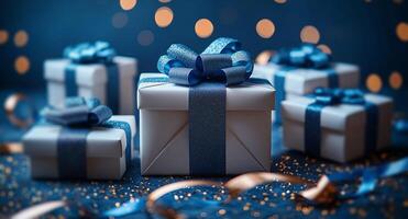 Festive presents with elegant bows are arranged on a sparkling surface, surrounded by golden ribbons and soft bokeh lights. The atmosphere is warm and inviting, perfect for autumn festivities. photo