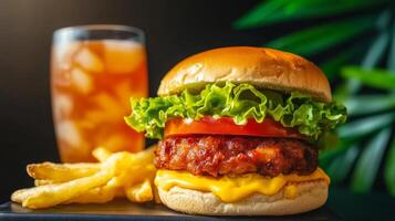 A mouthwatering chicken burger topped with lettuce, tomato, and melted cheese is accompanied by crispy fries and a refreshing glass of iced tea. The setting is vibrant and appetizing. photo