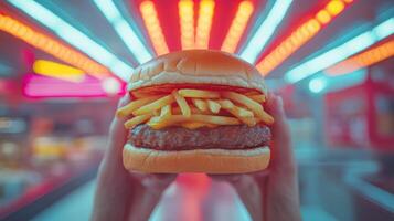Juicy burger stack with crispy fries is being showcased in hands at a lively diner atmosphere filled with bright neon lights. The setting creates an inviting and energetic ambiance. photo