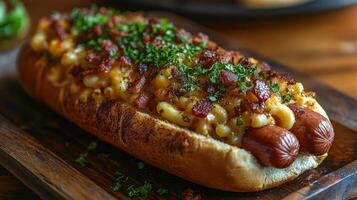 A hearty hot dog featuring two sausages, generously covered with creamy macaroni and cheese, crispy bacon bits, and fresh herbs rests on a rustic wooden plate in a warm dining environment. photo