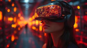 A woman wearing a virtual reality headset engages with advanced logistics automation in a vibrant and tech driven environment showcasing innovative transportation solutions. photo