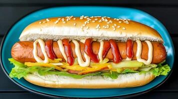 Fresh hot dog placed in a sesame seed bun is generously topped with mustard and ketchup. Crisp lettuce and colorful vegetables add a refreshing touch to this classic dish. photo