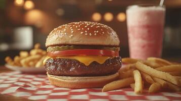 A mouthwatering cheeseburger topped with pickles and tomato sits next to crispy golden fries and a pink milkshake, in a warm diner atmosphere showcasing inviting soft lighting. photo