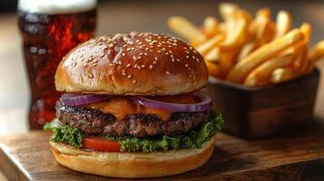 A delicious burger features a beef patty topped with melted cheese, fresh lettuce, tomatoes, and red onion, accompanied by crispy fries and a dark beverage in the background. photo