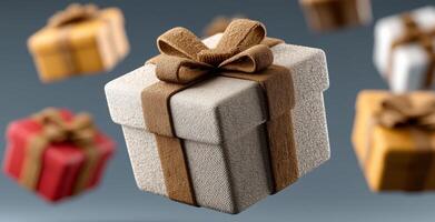 Multiple gift boxes in various colors hover above a neutral background, adorned with bows. photo