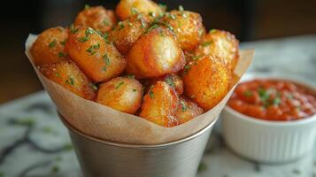 A metal container filled with crispy golden snacks is garnished with green herbs, accompanied by a small bowl of tangy sauce on a table in a casual dining environment. photo