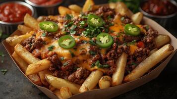 A hearty dish of loaded fries features crispy golden potatoes topped with savory seasoned beef, melted cheese, fresh jalapenos, and a sprinkle of chopped herbs, accompanied by colorful salsa bowls. photo