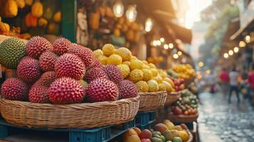 A bustling market displays an array of tropical fruits, including durian and various citrus, surrounded by stalls and warm lighting. Shoppers explore the vibrant atmosphere. photo