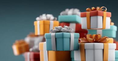 A collection of vibrant gift boxes neatly stacked, showcasing various colors and decorative bows, adding a joyful touch to a holiday atmosphere during the fall season. photo