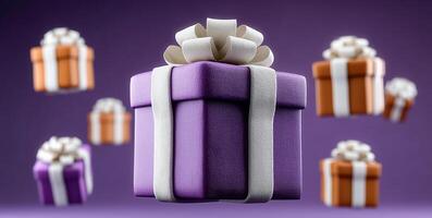 In a festive setting, purple gift boxes adorned with white bows float gracefully, surrounded by hints of autumn colors. These vibrant presents create a cheerful atmosphere for the holiday season. photo