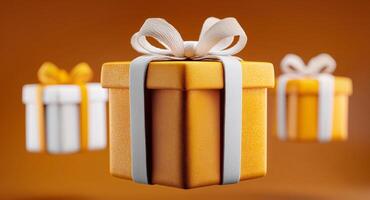 Colorful gifts with white bows appear to be floating against a warm background of fall hues, creating a perfect visual for holiday spirit and seasonal dynamics. Ideal for celebrating joy. photo