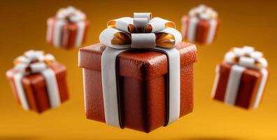 Brightly wrapped gifts with bows hover in the air, showcasing festive colors of fall. The warm, golden background adds to the holiday spirit, creating a joyful atmosphere perfect for celebrations. photo